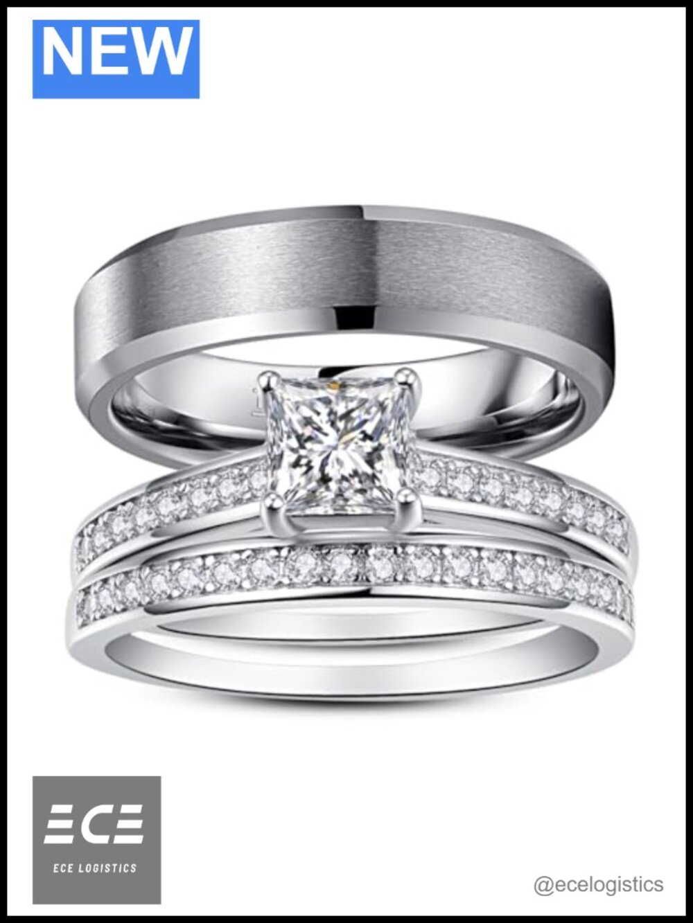 Princess Cut CZ Bridal Ring Set Tungsten Carbide Wedding Promise Rings